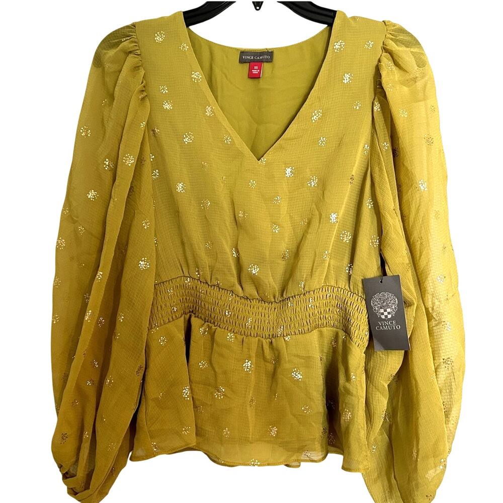 NWT $89 Vince Camuto Foil Blouse – Avocado Green, Women’s XS
